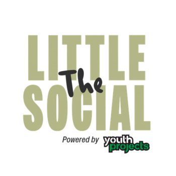 "The Little Social — Powered by Youth Projects" in olive green bold text with a black handwritten accent, on a white background